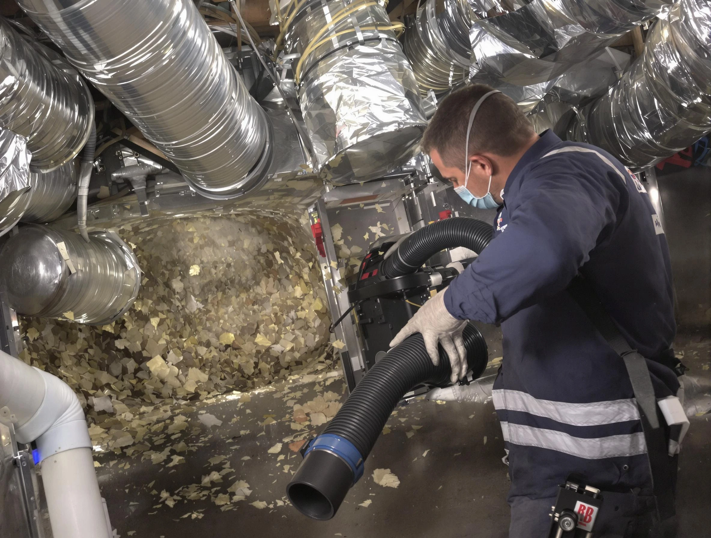 Technician performing negative pressure cleaning on commercial ductwork